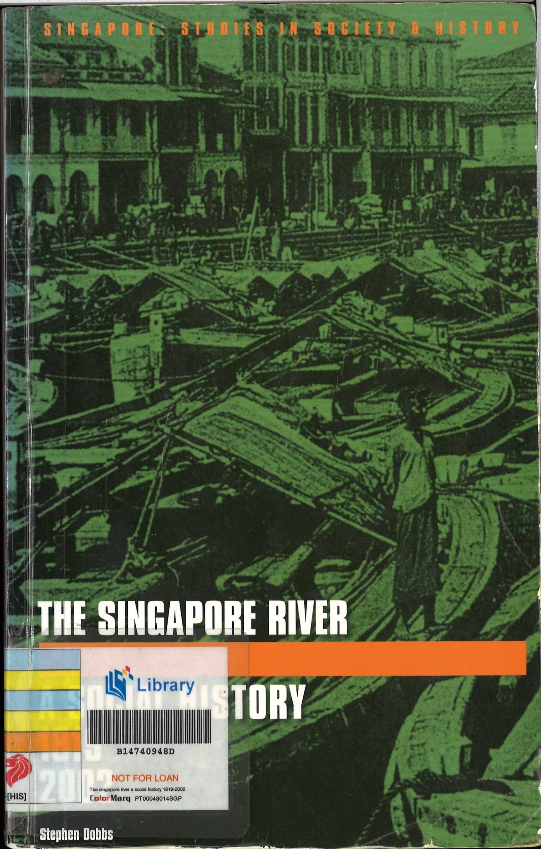 A monochromatic green illustration depicts a bustling scene of boats and buildings along a waterway, hinting at historical activity and trade.